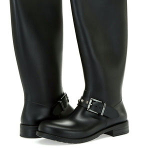 black rubber Studded Tall Rain Boots Buckle Shoes
